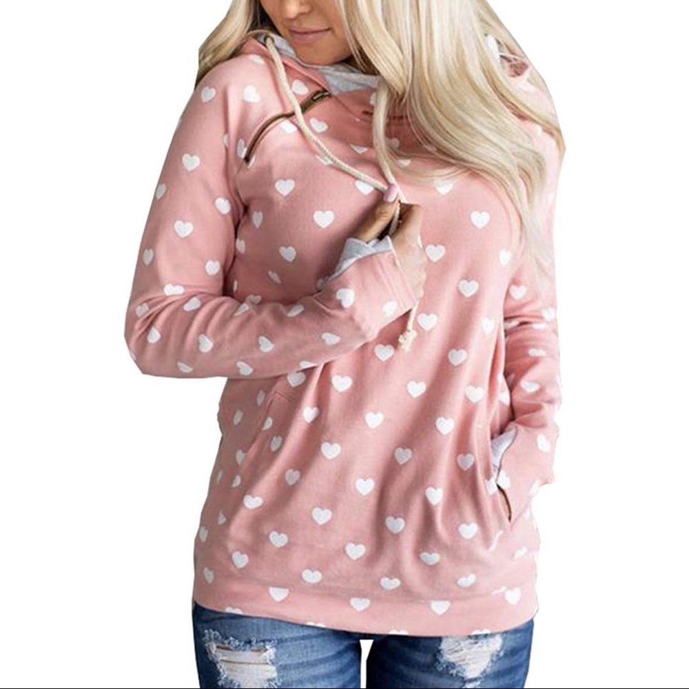 Double Hoodie Hearts Drawstring Pullover
